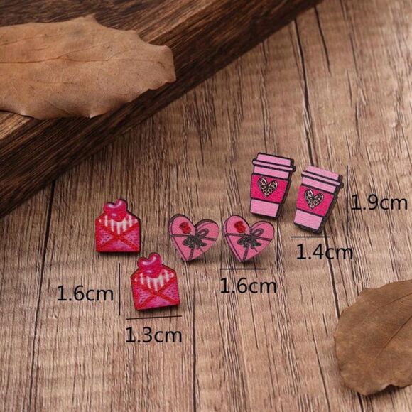 Valentine’s Romantic Wood Handmade 3 Piece Set Love Coffee Cup Stud Earrings - Picture 3 of 4